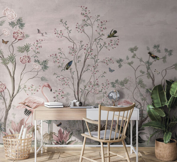 Wallpaper with birds and plants