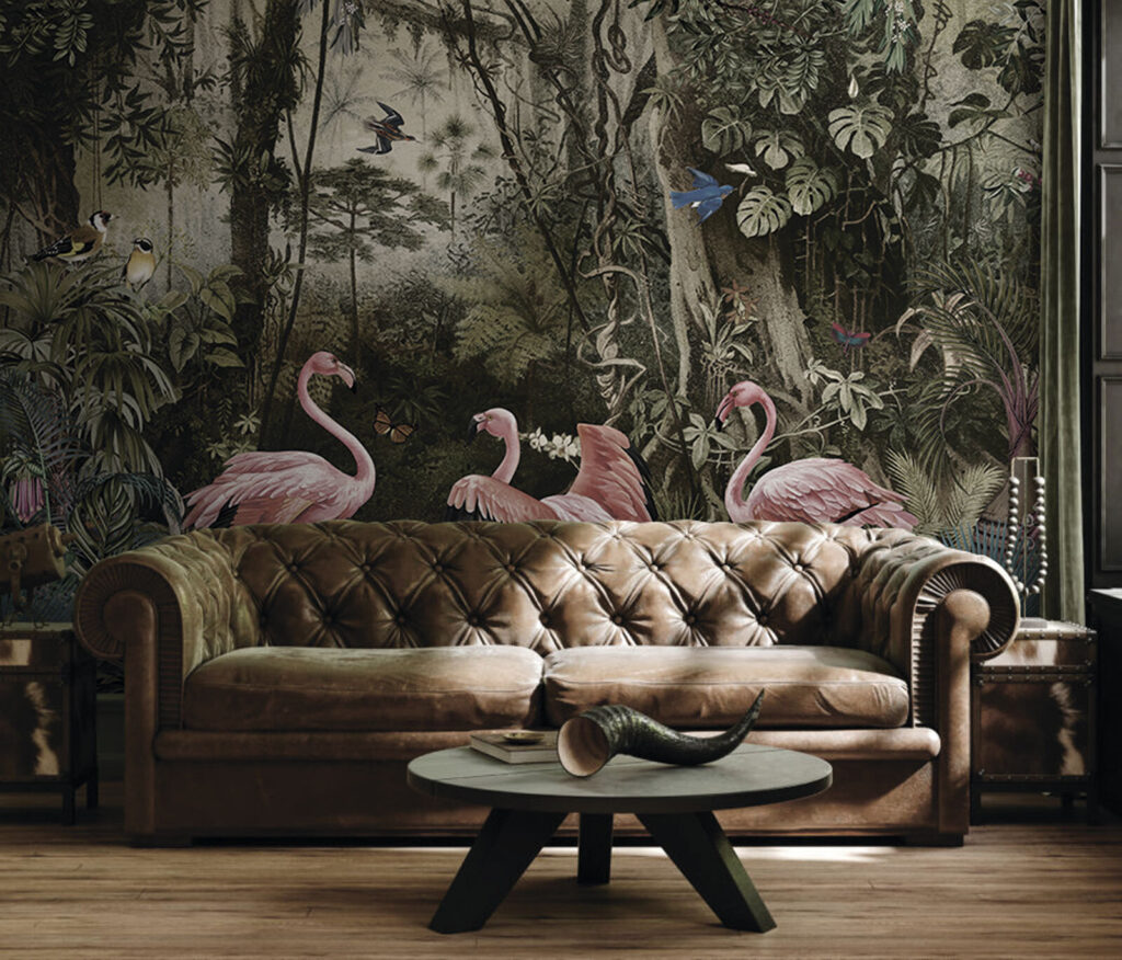 Group of pink flamingos in a forest Group of pink flamingos in a forest