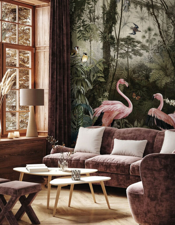Group of pink flamingos in a forest Group of pink flamingos in a forest