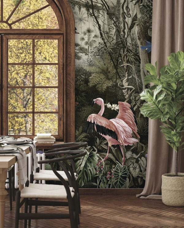 Group of pink flamingos in a forest Group of pink flamingos in a forest