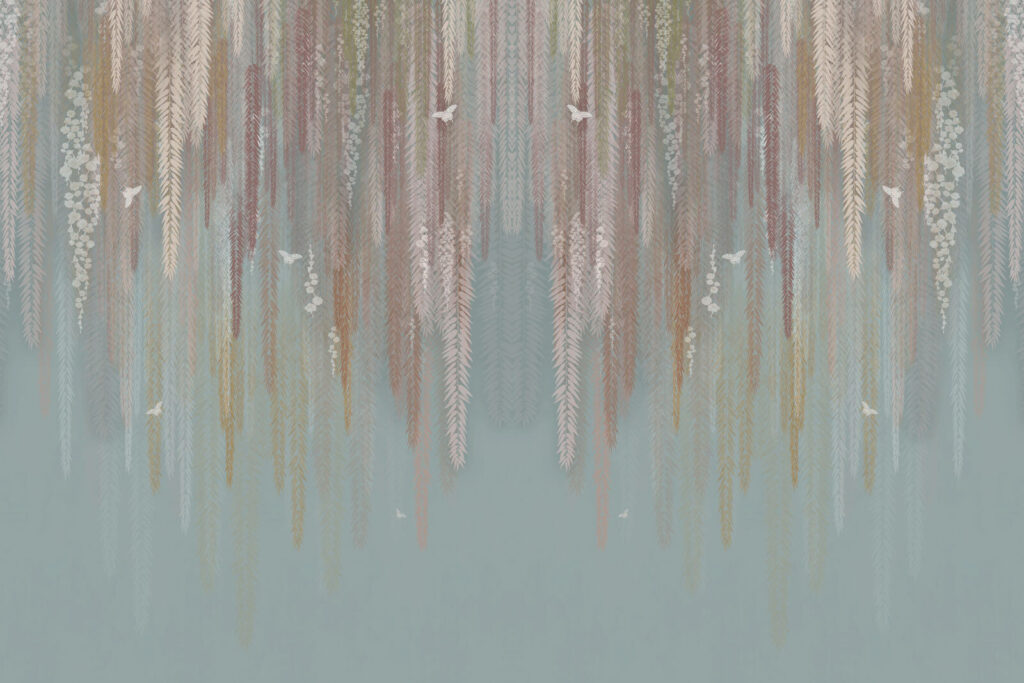 Wallpaper with a pattern of leaves and birds