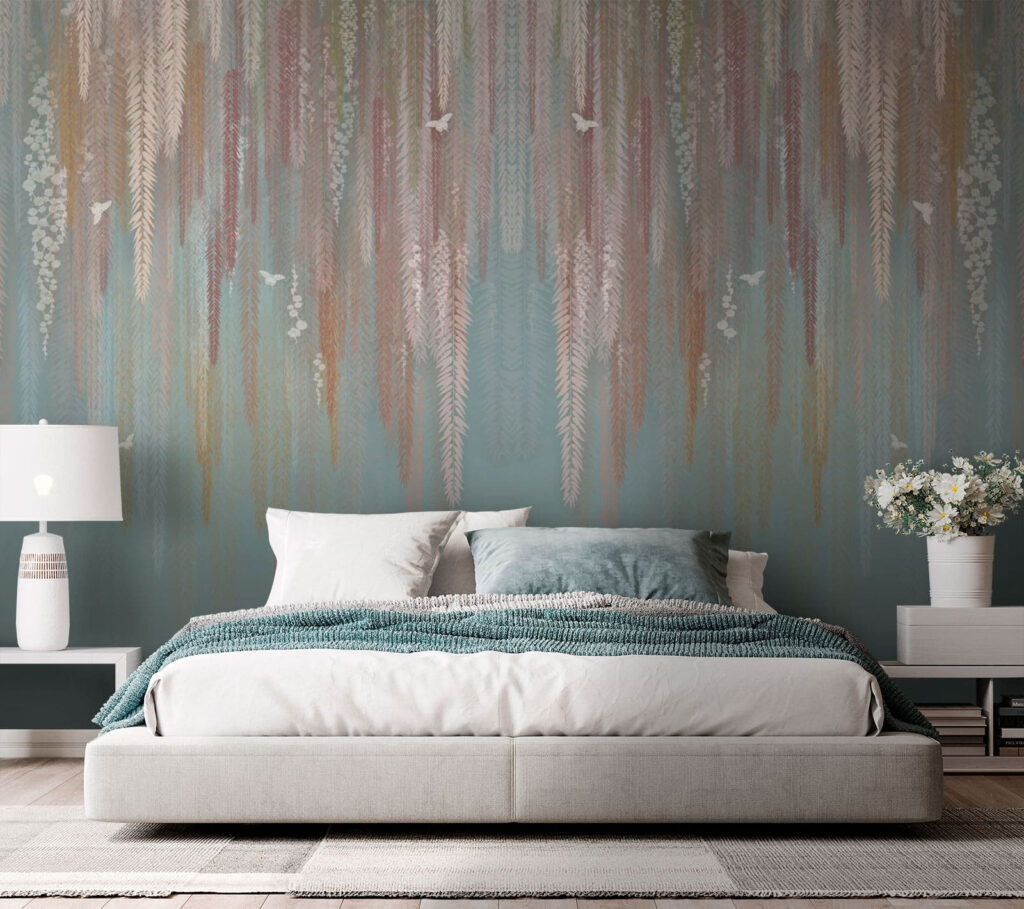 Wallpaper with a pattern of leaves and birds