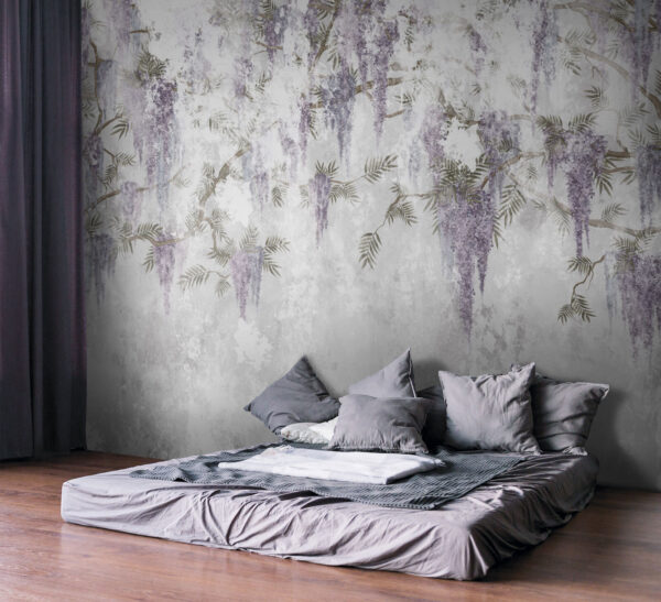 White wall with purple flowers White wall with purple flowers