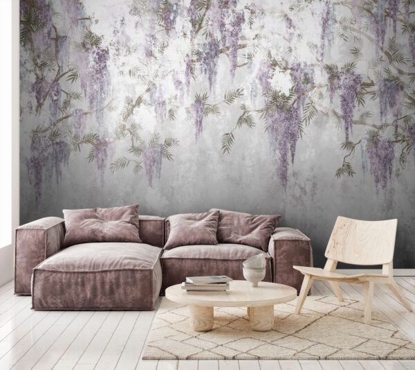 White wall with purple flowers White wall with purple flowers