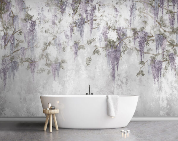 White wall with purple flowers White wall with purple flowers