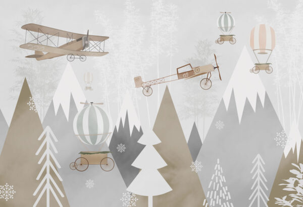 Wall mural of airplanes and hot air balloons flying over mountains Wall mural of airplanes and hot air balloons flying over mountains