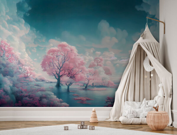 Landscape of pink trees and water Landscape of pink trees and water