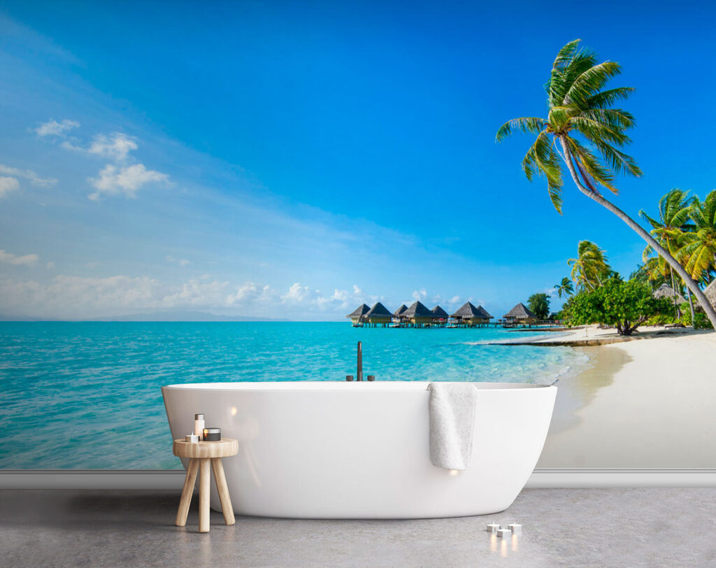Beach with palm trees and huts Beach with palm trees and huts