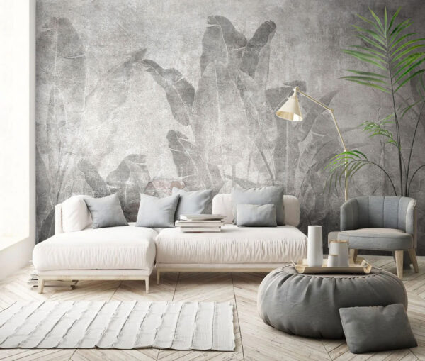 Grey wall with leaves and a brick wall Wall murals Grey wall with leaves and a brick wall