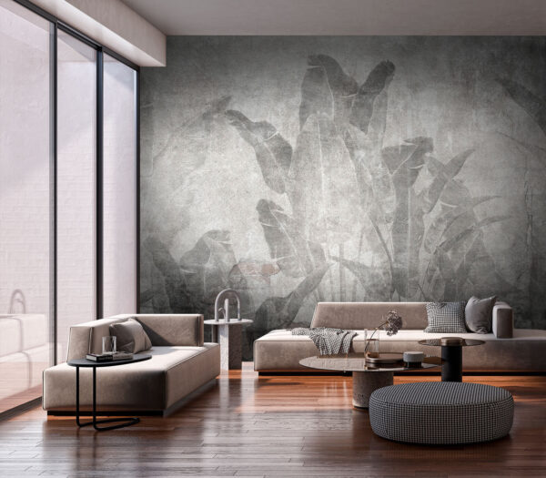 Grey wall with leaves and a brick wall