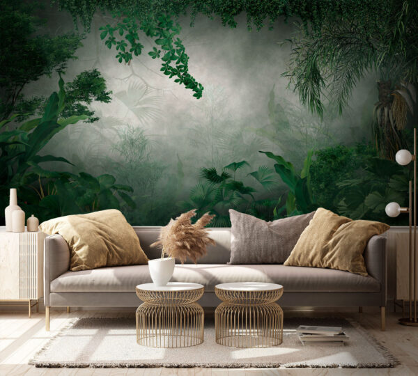 Foggy forest with plants and trees Foggy forest with plants and trees