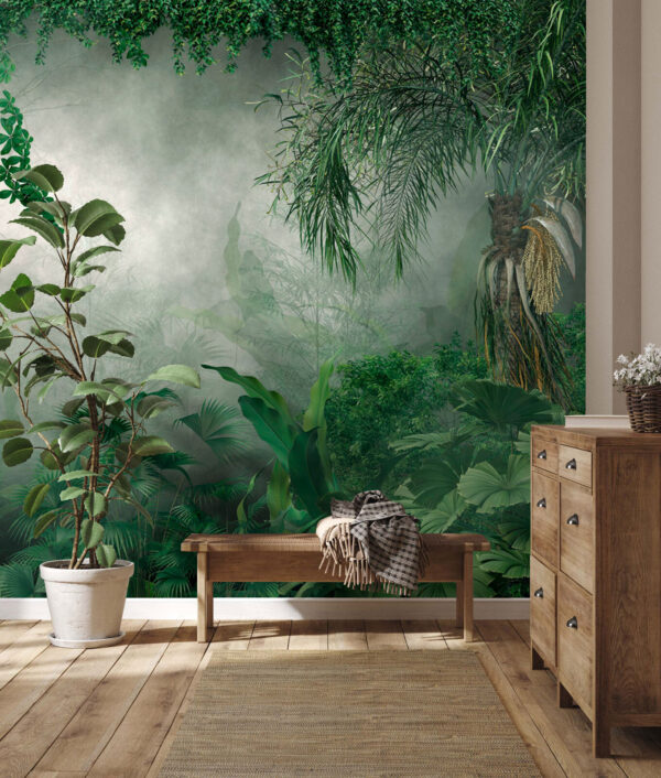 Foggy forest with plants and trees Foggy forest with plants and trees