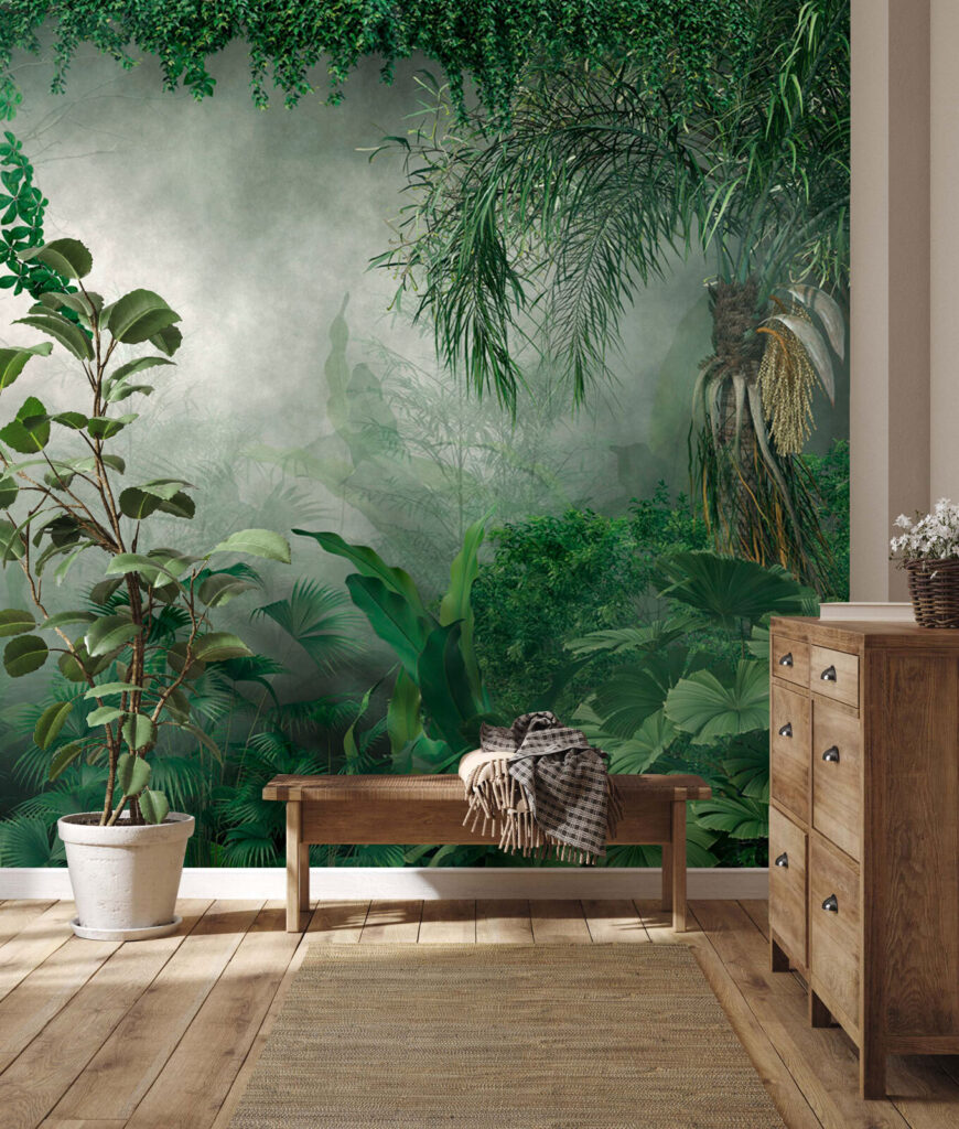 Foggy forest with plants and trees Foggy forest with plants and trees