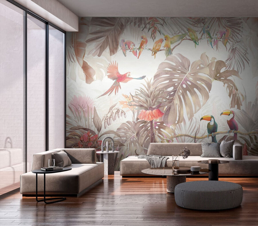 Group of birds on a branch surrounded by tropical plants Group of birds on a branch surrounded by tropical plants