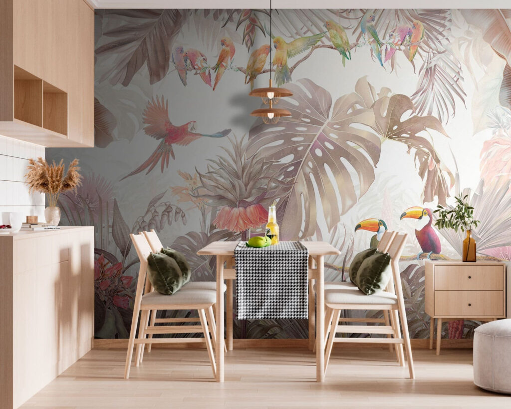 Group of birds on a branch surrounded by tropical plants Group of birds on a branch surrounded by tropical plants