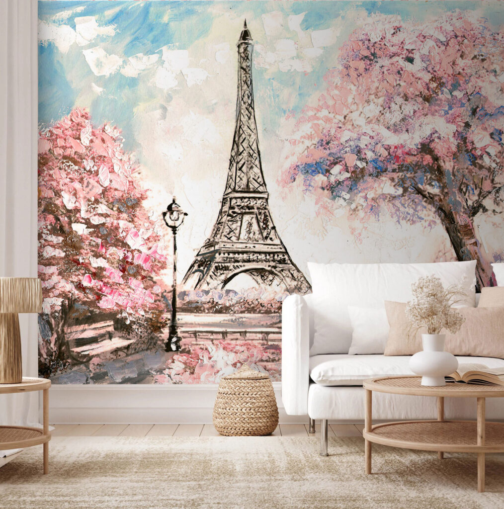Painting of a tower with pink flowers Painting of a tower with pink flowers