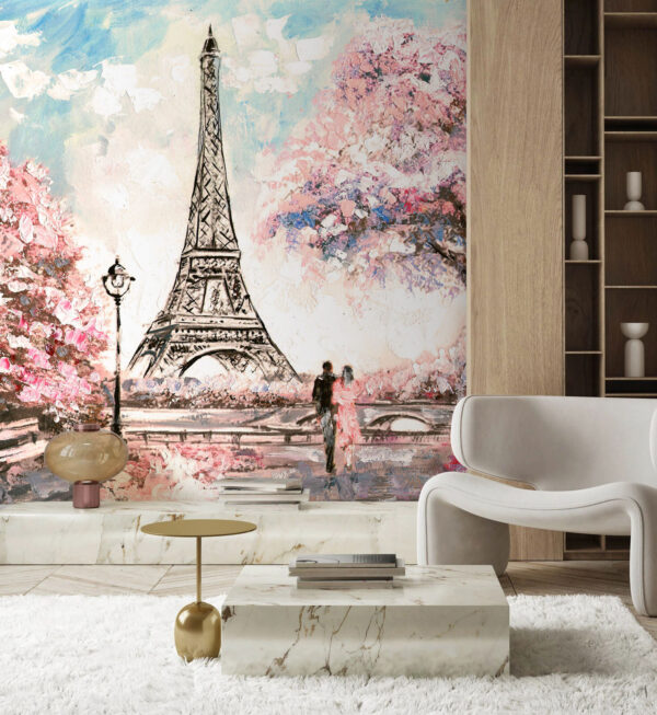 Painting of a tower with pink flowers Painting of a tower with pink flowers