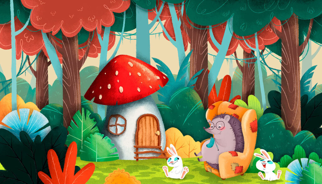 Cartoon of a hedgehog sitting in a chair in a forest Cartoon of a hedgehog sitting in a chair in a forest