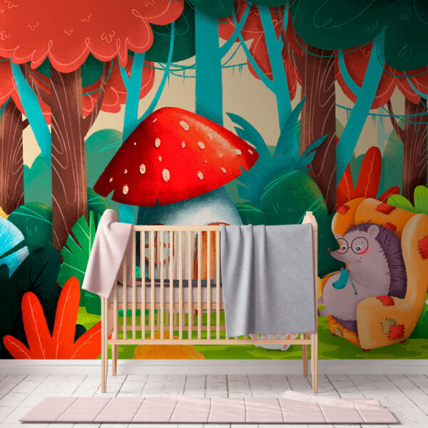 Cartoon of a hedgehog sitting in a chair in a forest Cartoon of a hedgehog sitting in a chair in a forest