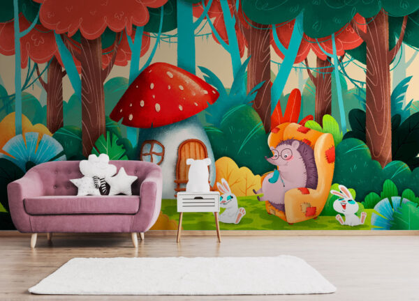 Cartoon of a hedgehog sitting in a chair in a forest Cartoon of a hedgehog sitting in a chair in a forest