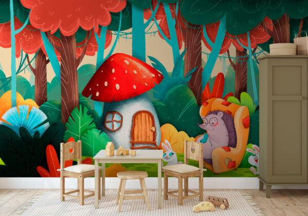 Cartoon of a hedgehog sitting in a chair in a forest Cartoon of a hedgehog sitting in a chair in a forest