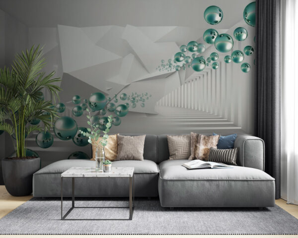 White room with white walls and white columns and green balls White room with white walls and white columns and green balls