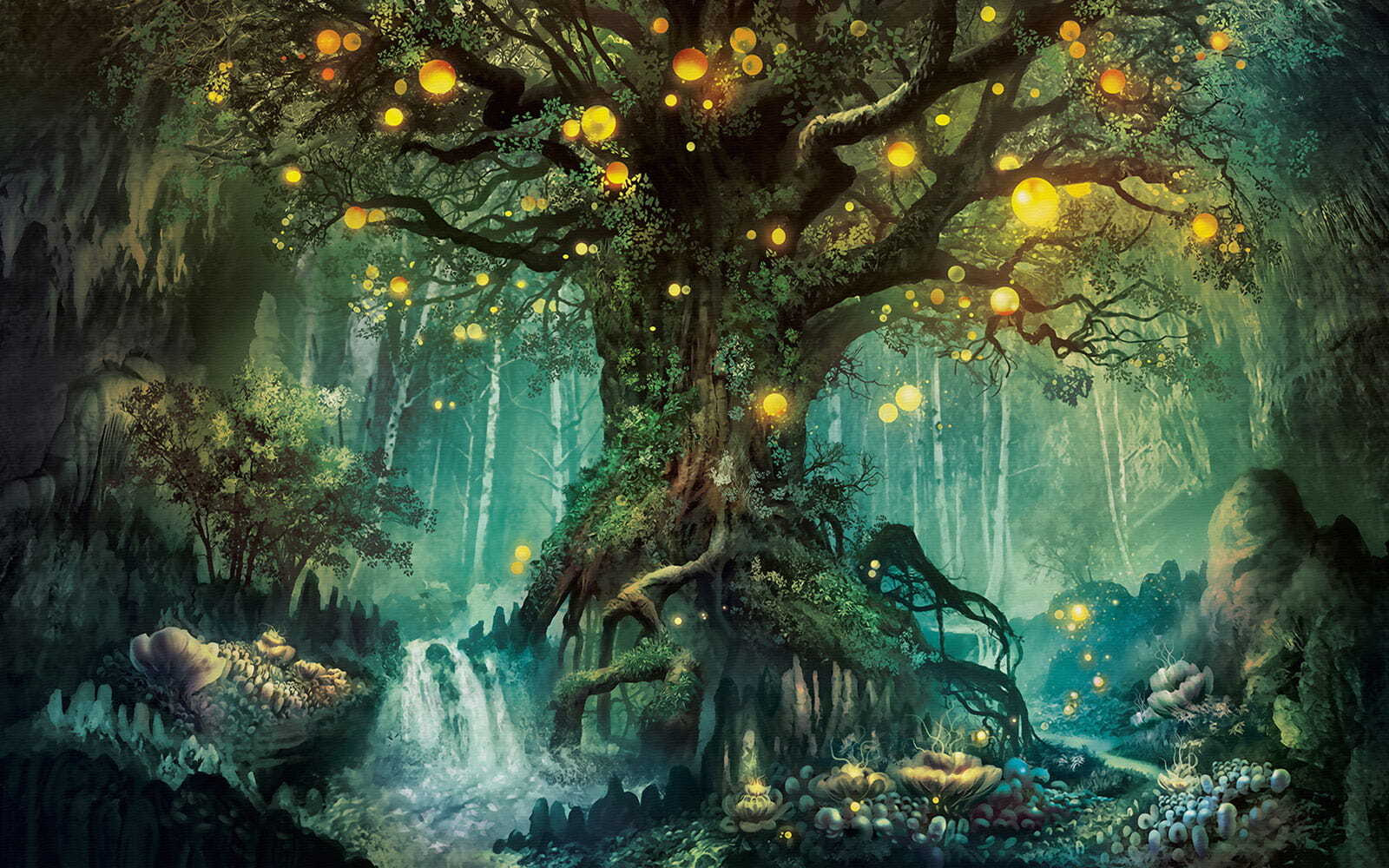 Painting of a tree with lights on it Painting of a tree with lights on it