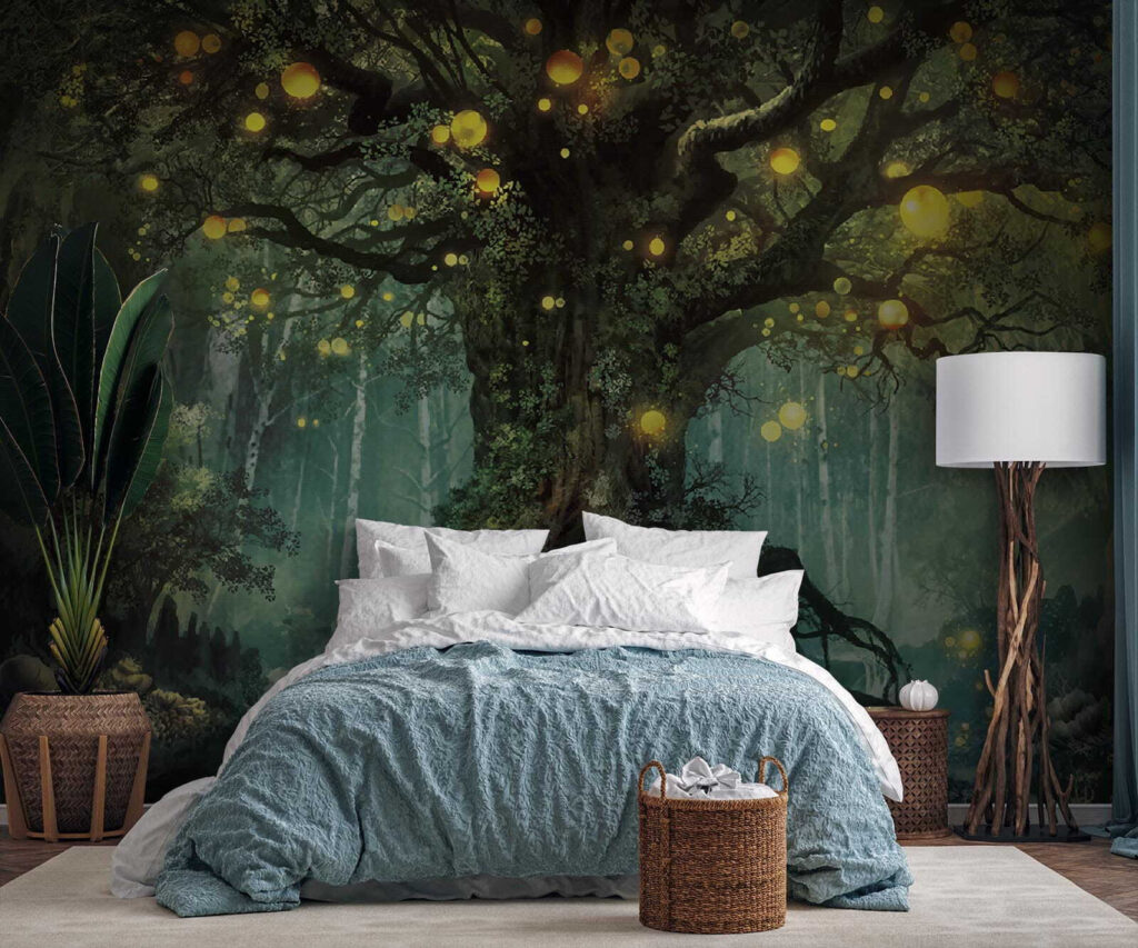 Painting of a tree with lights on it Painting of a tree with lights on it