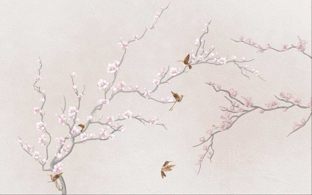 Painting of a tree branch with flowers and birds Painting of a tree branch with flowers and birds