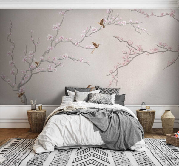 Painting of a tree branch with flowers and birds Painting of a tree branch with flowers and birds