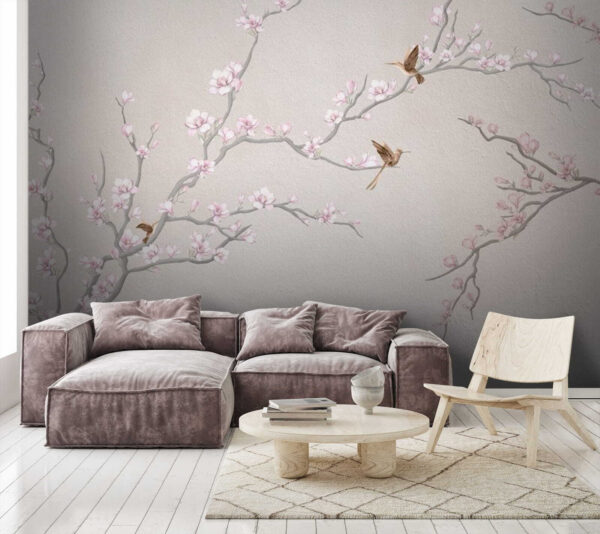 Painting of a tree branch with flowers and birds Painting of a tree branch with flowers and birds