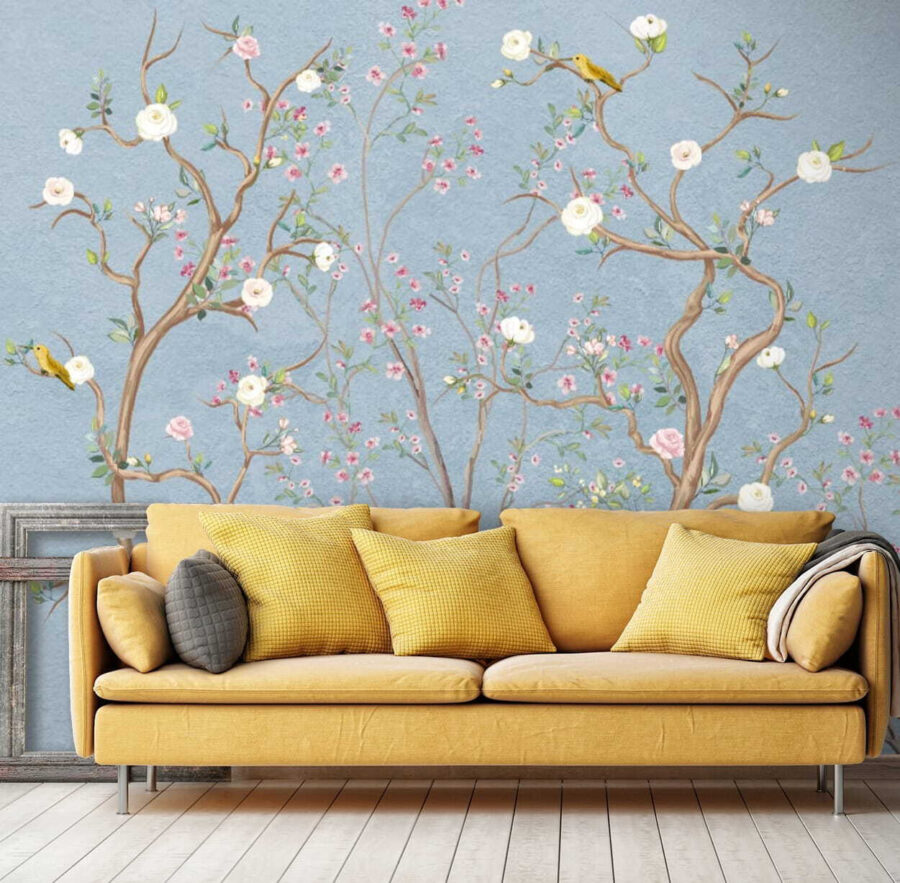 Mural of a tree with flowers and birds