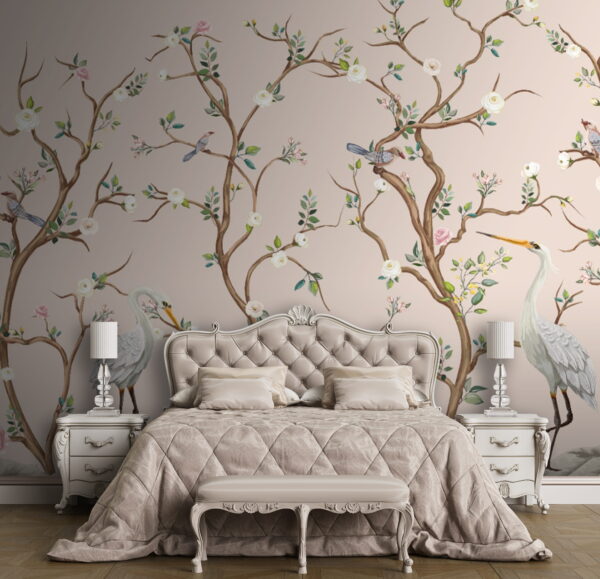 Wallpaper with birds and flowers