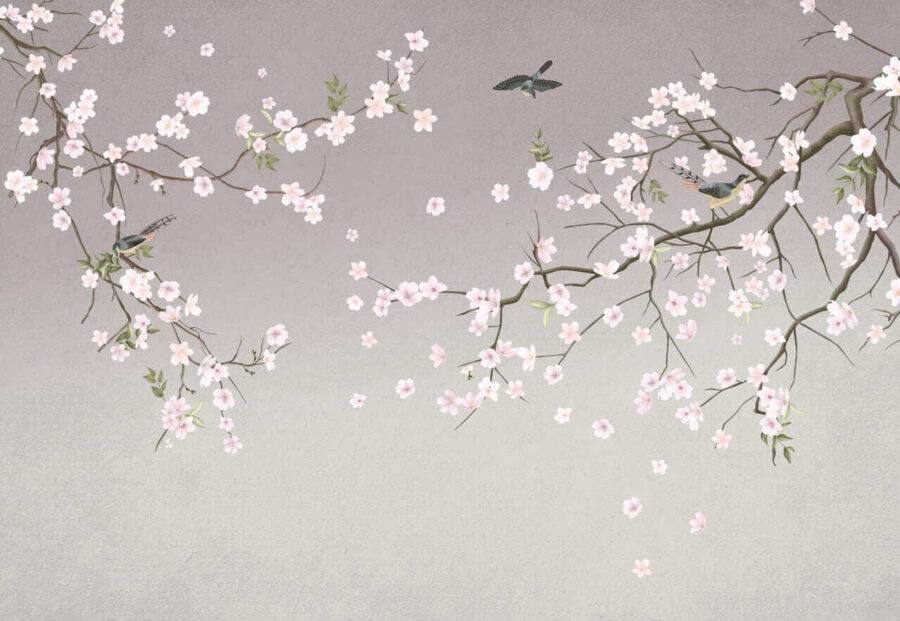 Tree branch with flowers and birds