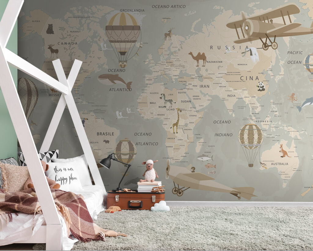 Map of the world with airplanes and hot air balloons