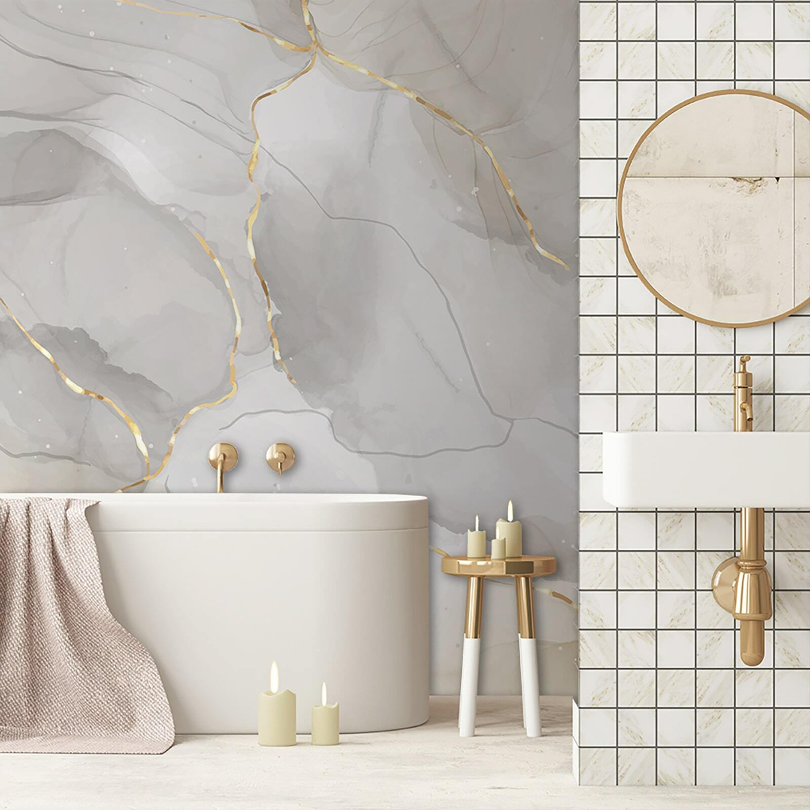 Elegant marble with amber accents.