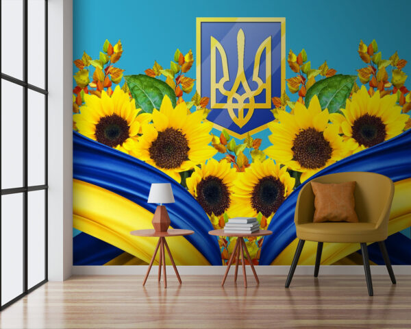 Group of sunflowers and a blue and yellow curtain Group of sunflowers and a blue and yellow curtain