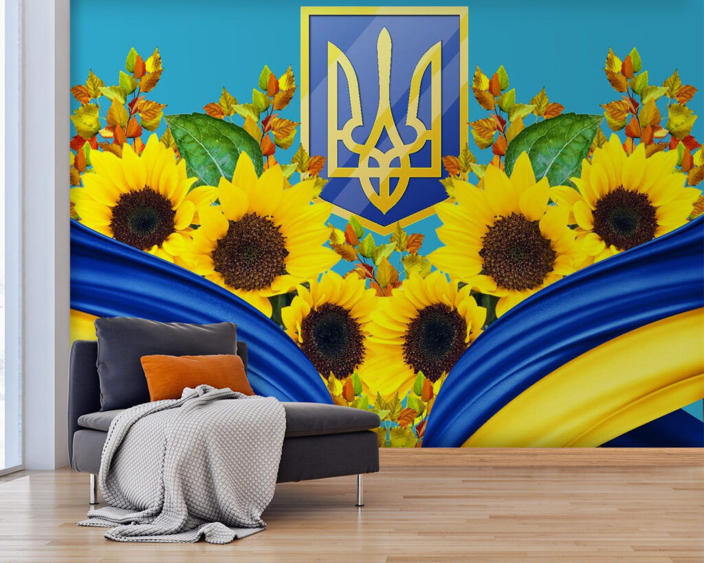Group of sunflowers and a blue and yellow curtain