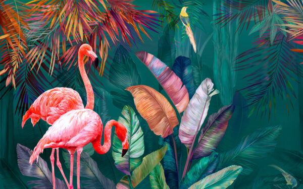 Flamingos and colorful leaves Flamingos and colorful leaves