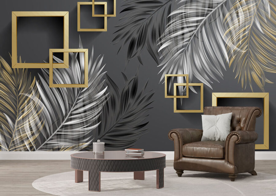 Wall murals Wallpaper with feathers and square frames