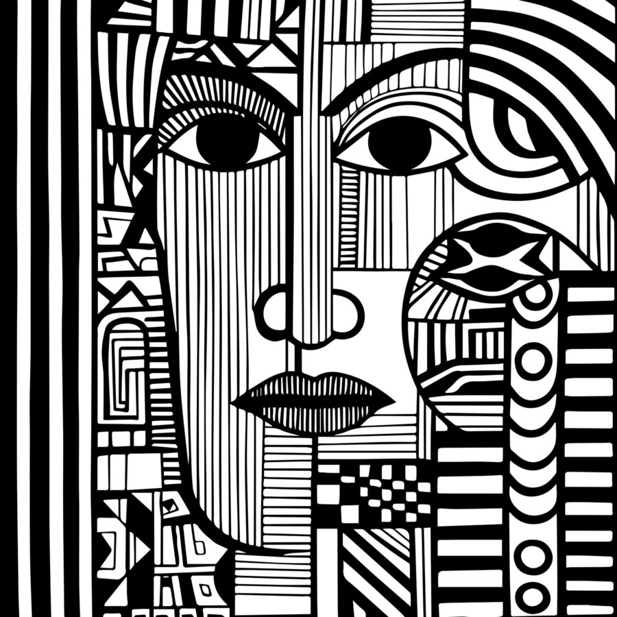 A black and white drawing of a face