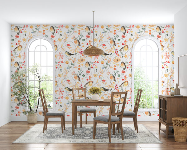 A pattern of birds and flowers