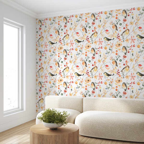 A pattern of birds and flowers