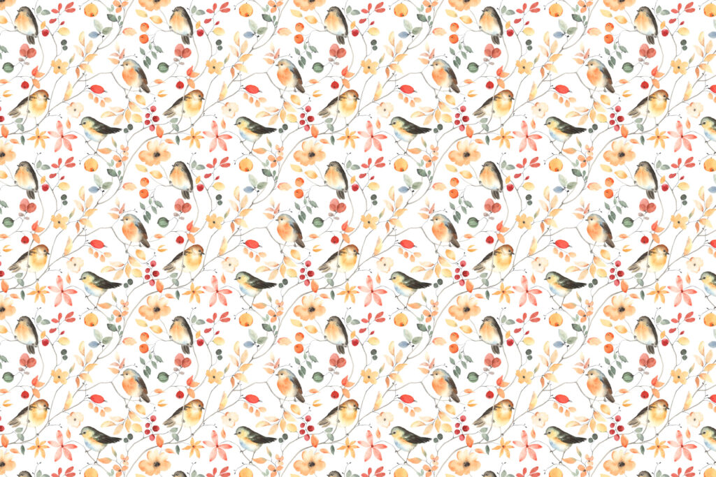 A pattern of birds and flowers