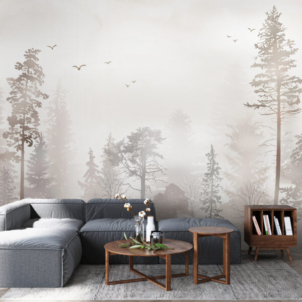 A group of trees in a foggy forest A group of trees in a foggy forest
