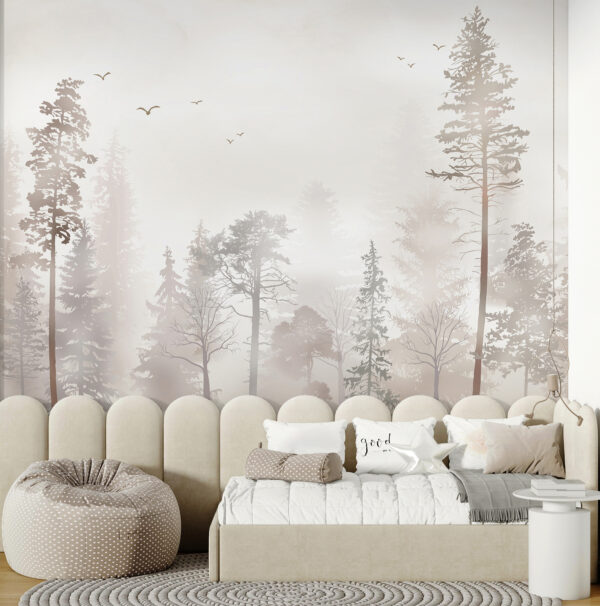 A group of trees in a foggy forest A group of trees in a foggy forest