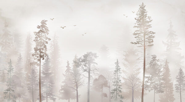 A group of trees in a foggy forest A group of trees in a foggy forest