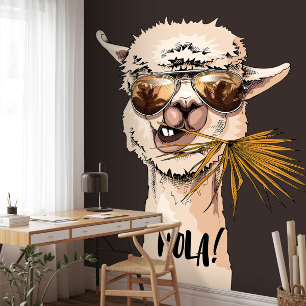 A llama wearing sunglasses and eating a leaf