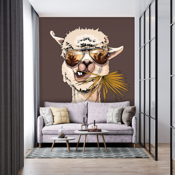A llama wearing sunglasses and eating a palm leaf A llama wearing sunglasses and eating a palm leaf