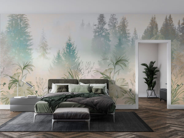 A foggy forest with plants and trees A foggy forest with plants and trees